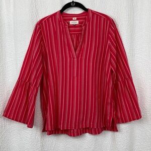 LOFT Red Striped V-Neck Bell Sleeve Blouse